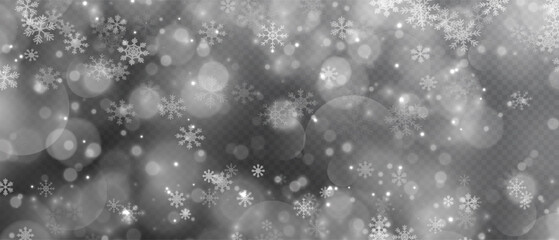 Realistic falling snow. Christmas snowflakes on a transparent background. Winter snow background for Christmas or New Year background. Heavy snowfall, snowflakes in different shapes and forms.