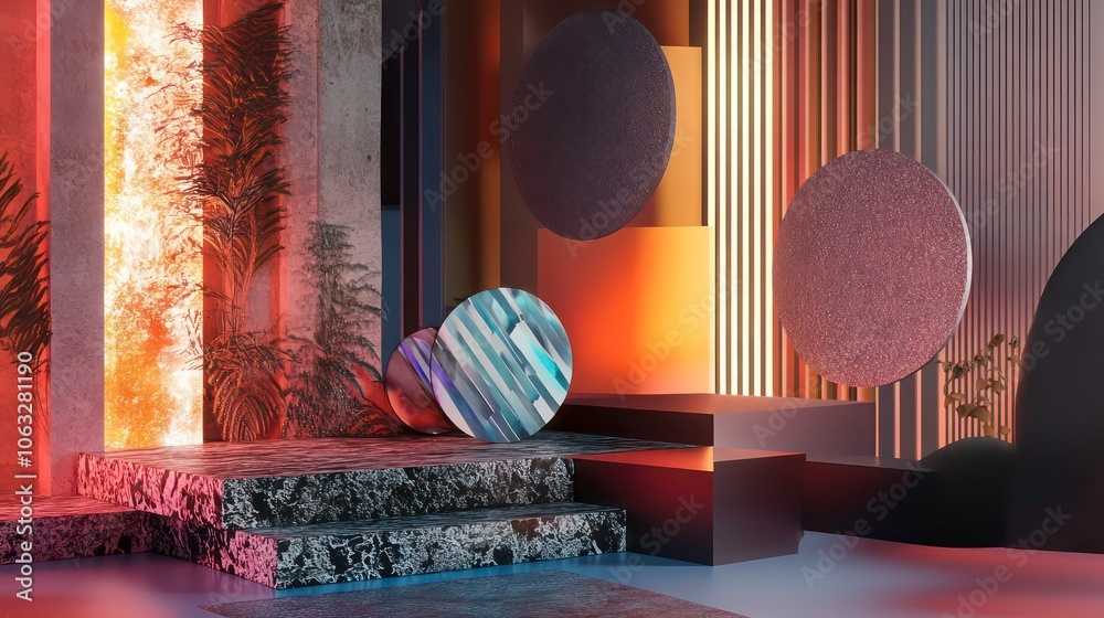 Poster presented on a sleek podium stand with abstract geometric patterns, vibrant colors, low angles, intr