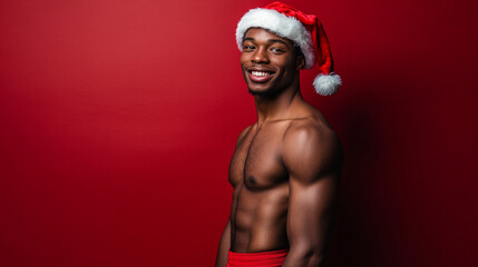 Xmas vibes - holiday season - merry christmas - sexy santa - happy smiling young black man waiting for Santa Claus. Horizontal banner