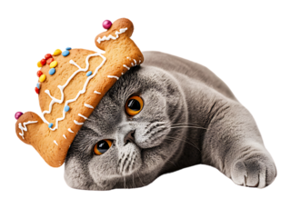 British Shorthair cat sleep in Christmas cookie hat costume isolated on transparent background PNG