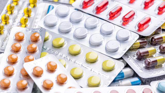 Variety of medicines and drugs.Medicine and healthcare concept.Variety of medicines and drugs.Medicine and healthcare concept.Pill for the prescription and treatment various diseases chemistry