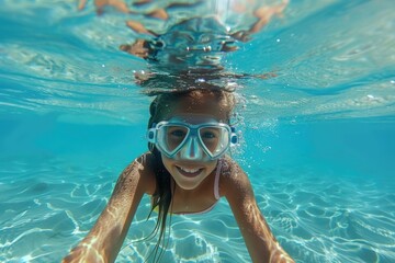 Naklejka premium Girl swimming underwater, wearing white swimsuit and goggles