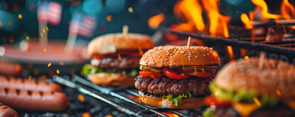 Juicy burgers and hotdogs grilling on an outdoor barbecue.