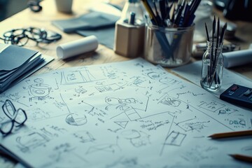 A desk filled with various office supplies such as pens, pencils, and paper