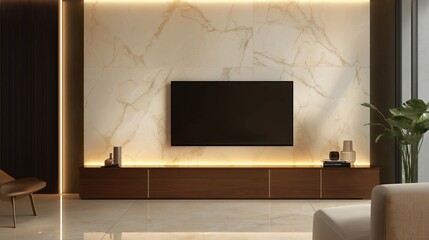 Elegant Marble-Inspired Living Room with Mounted Widescreen TV and Warm Lighting Accents