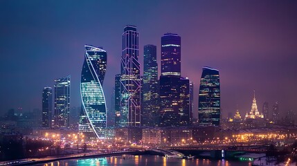 Fototapeta premium A panoramic night view of the Moscow skyline.