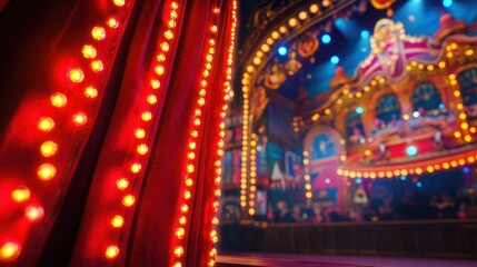 Obraz premium vibrant circus stage with illuminated red curtains and colorful lights creates exciting atmosphere. blurred background showcases lively audience and ornate decorations