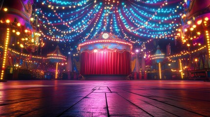 vibrant circus stage with colorful lights and red curtain creates festive atmosphere. wooden floor adds rustic charm, enhancing lively ambiance of scene