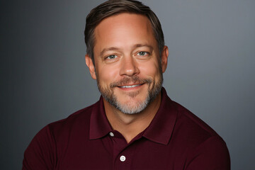 Obraz premium a designer in burgundy polo with trimmed beard, perfect studio lighting setup