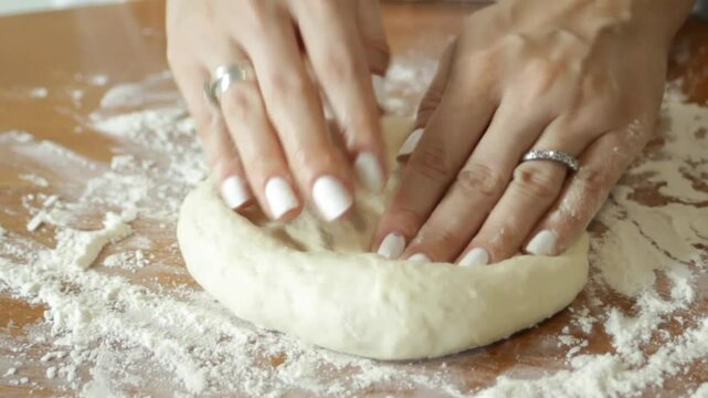 The hands of a female cook knead a lump of dough on a wooden board sprinkled with white wheat flour.