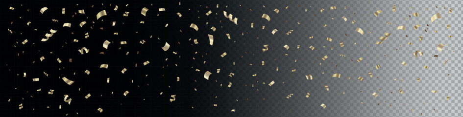 Golden confetti and tinsel falling banner. Festive background with shimmering decorations. Shiny golden paper cuts. For celebrations, holidays, birthdays, Black Friday, Cyber Monday, and promotions.