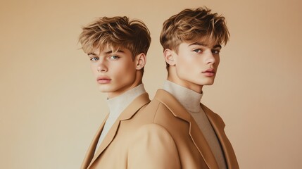 Twin brothers in tan coats and turtlenecks look directly at the camera.