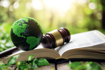 judge is hitting on earth with wooden gavel, Environmental law and international agreement about protocol for framework convention on climate change