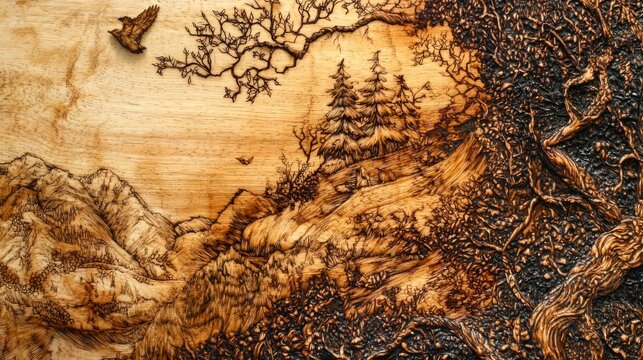Intricate Wood Art. A close-up of a beautifully detailed pyrography piece showcasing nature scene