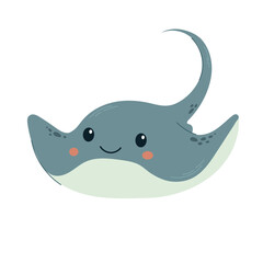 Funny cute Stingray illustration. Nice underwater ocean animal character. Vector illustration, flat. For children nursery,