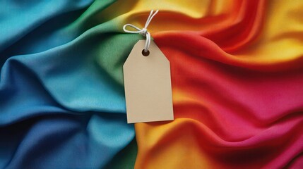 A colorful fabric background with a blank tag, ideal for labeling or branding purposes.