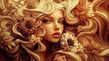 young girl wallpaper with long honey colored blonde hair adorned with autumnal flowers