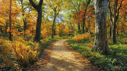 Obraz premium Autumn Forest Pathway with Vibrant Foliage and Sunlight