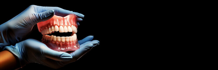 Extreme close-up of the hands of a dentist with blue latex gloves (surgical gloves), showing and holding a new denture, isolated on a black background with copy space. Blank wide banner. Generative ai