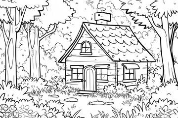 Obraz premium A charming hand-drawn cottage nestled among trees and greenery, inviting a sense of peace and tranquility in a whimsical forest setting.