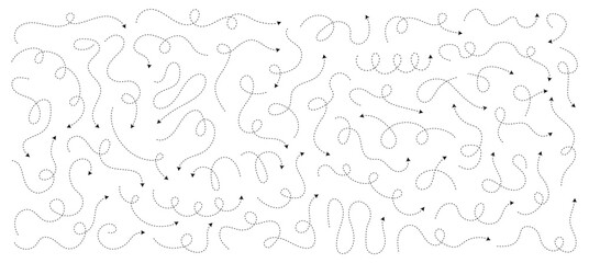 Collection of squiggle dash line direction arrows. Dashed line hand drawn curved vector arrows icons