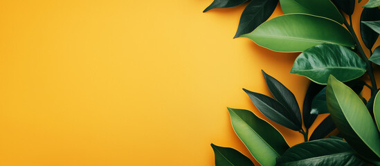 Green leaves on yellow background banner with copy space 