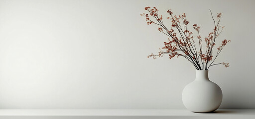 White vase with flowers on light background, banner with copy space