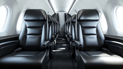 Fototapeta premium Empty airplane cabin seats with black leather seats and white overhead lighting.