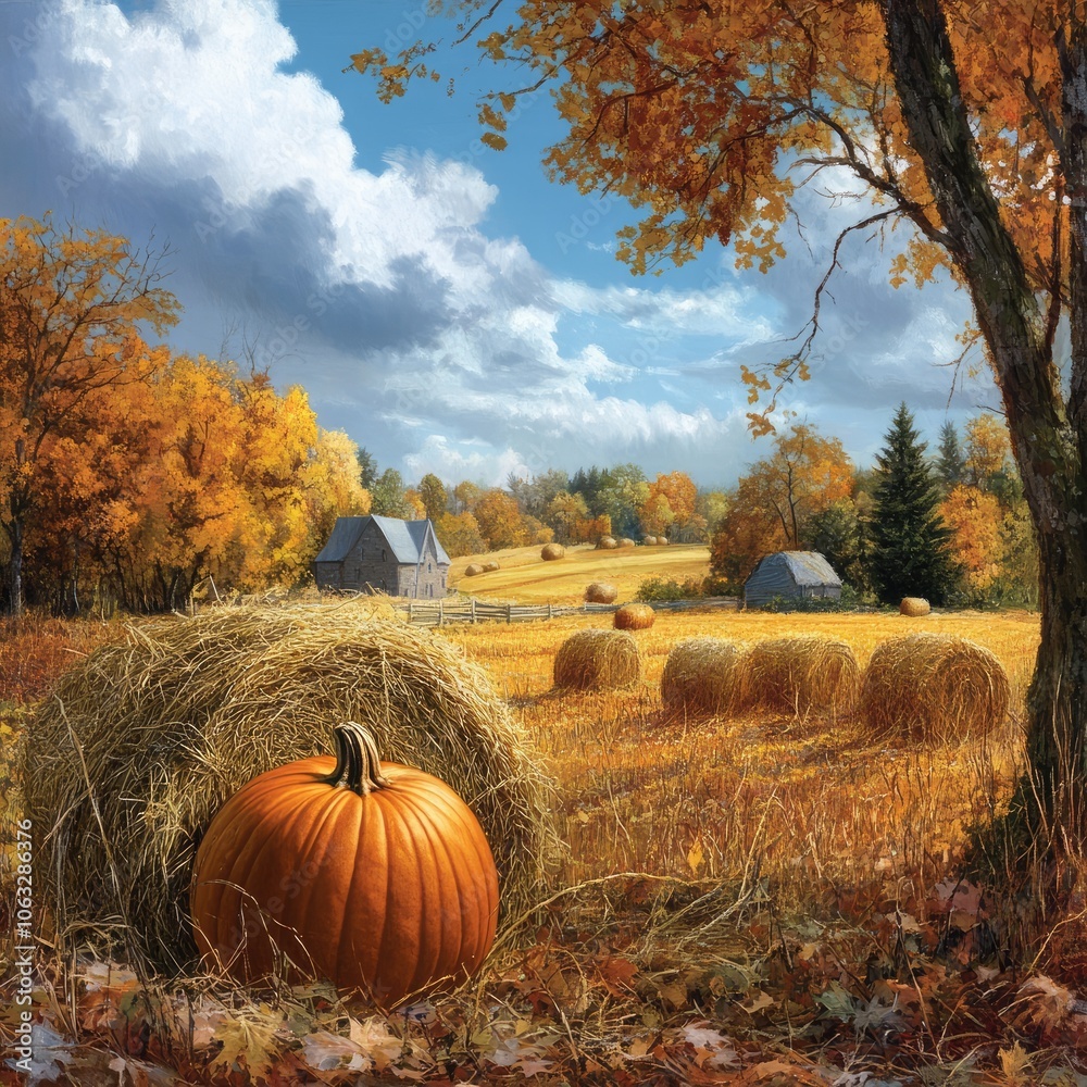 Sticker Autumn harvest with pumpkins and hay bales in a rural setting 