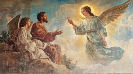 scene of the angel appearing to Joseph in a dream, instructing him to flee to Egypt with Mary and Jesus, symbolizing protection and obedience,