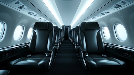 Empty airplane cabin seats with black leather seats and white overhead lighting.