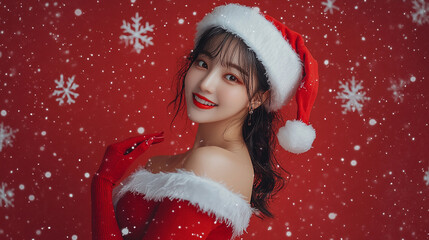  Xmas vibes - holiday season - merry christmas - sexy santa - happy smiling young asian woman waiting for Santa Claus. Horizontal banner