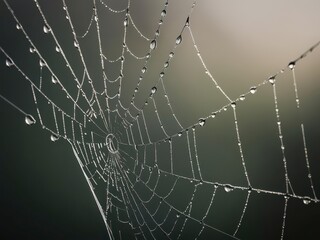 A close-up view of a spider web adorned with dewdrops, glistening in soft light, creating a delicate, intricate pattern against a blurred background.