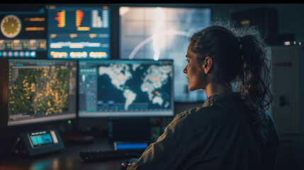 Environmental operations specialist woman monitoring global weather patterns and climate data through advanced visualization systems in a high-tech control room with multiple displays and world maps