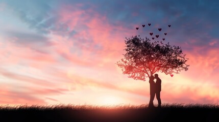 A romantic scene with a couple under a heart-shaped tree at sunset, surrounded by colorful skies and floating hearts.