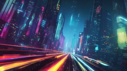 speed light trail takes the viewer through a smart modern mega city and skyscrapers town with neon futuristic technology background