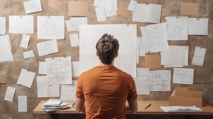 Entrepreneur overlooking blueprint, balancing innovation with actionable planning