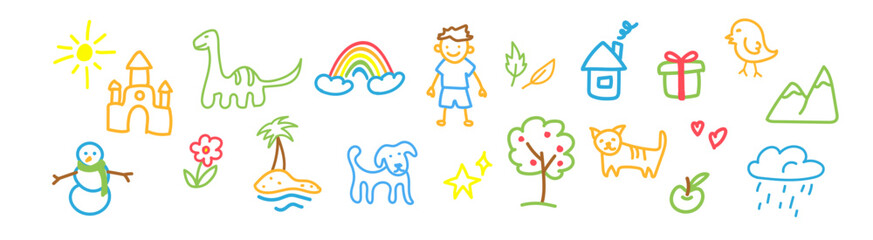 Kid doodle with a smiling snowman, sunny sky, and butterflies, showcasing cheerful childhood themes with vibrant colors.