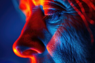 A close-up shot of a man's face lit by red and blue lights, perfect for use in nightlife or technology-related contexts