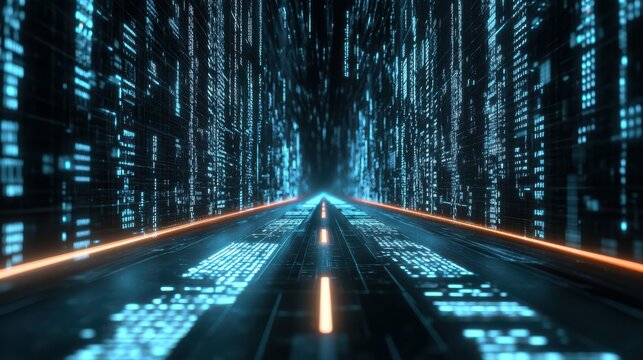 Sreaming data, binary data moving on a digital road - Digital Code road concept - 3d illustration\