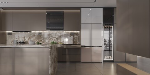 Modern luxury kitchen interior with sleek appliances and marble accents