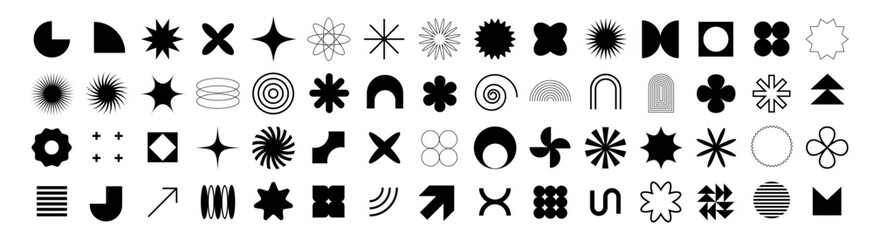 Obraz premium Set of figures in brutalism style. Geometric figures for decoration. Simple symbols of stars, spirals.