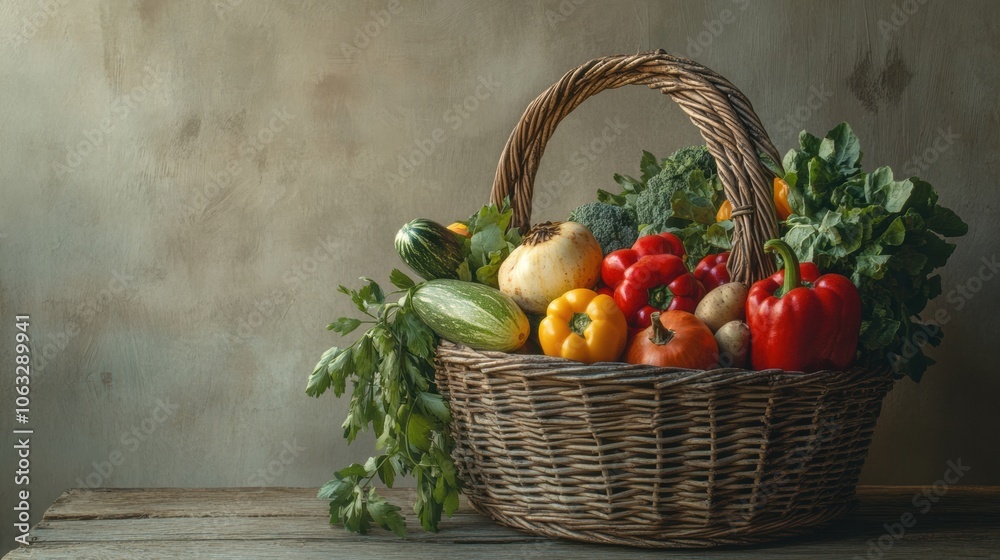 Poster fresh vegetables and fruits fill a wicker basket, adding a vibrant touch to a rustic wooden table in