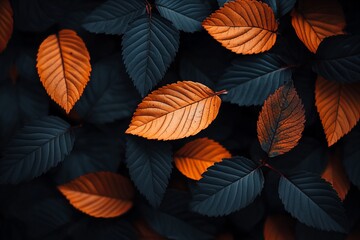 Fototapeta premium A striking arrangement of autumn leaves with contrasting dark and orange hues, creating a bold and artistic display that captures the essence of fall