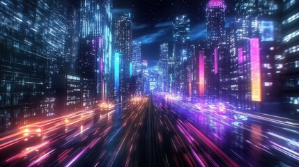 Fototapeta premium speed light trail takes the viewer through a smart modern mega city and skyscrapers town with neon futuristic technology background