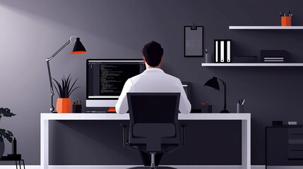 A focused individual working at a modern, minimalist desk setup, coding on a computer in a sleek, organized workspace, symbolizing productivity and dedication in a professional environment
