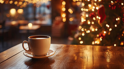 Obraz premium Warm Coffee by the Christmas Tree in Cozy Caf Setting