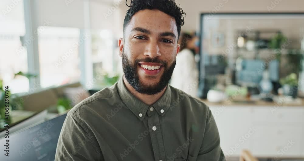 Fototapete Man, office and face with happiness for coding, programing and system update as software engineer. Male person, employee and proud with smile on portrait with innovation, project and data development