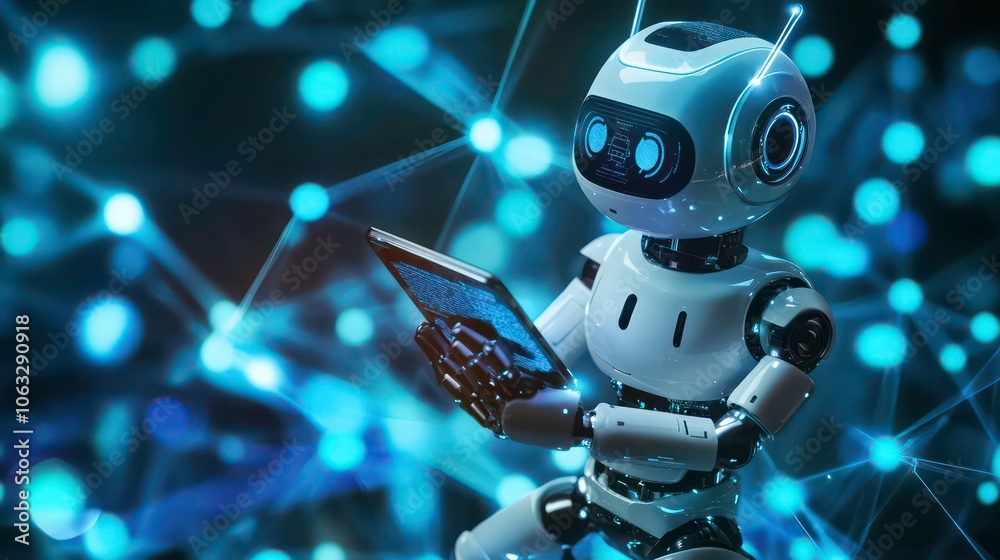 Aufkleber A robotic figure holding a tablet amidst a network of glowing connections.