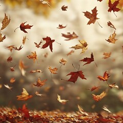 Falling autumn leaves drifting gently in a brisk breeze